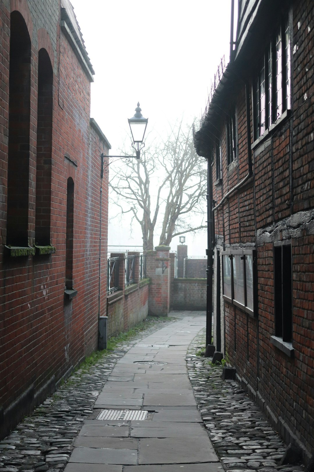 Dark atmospheric book cover artwork showing a foggy alley with a lantern